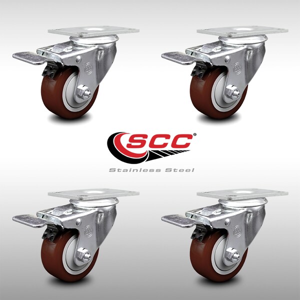 3 Inch SS Maroon Polyurethane Top Plate Caster Set Total Lock Brake SCC